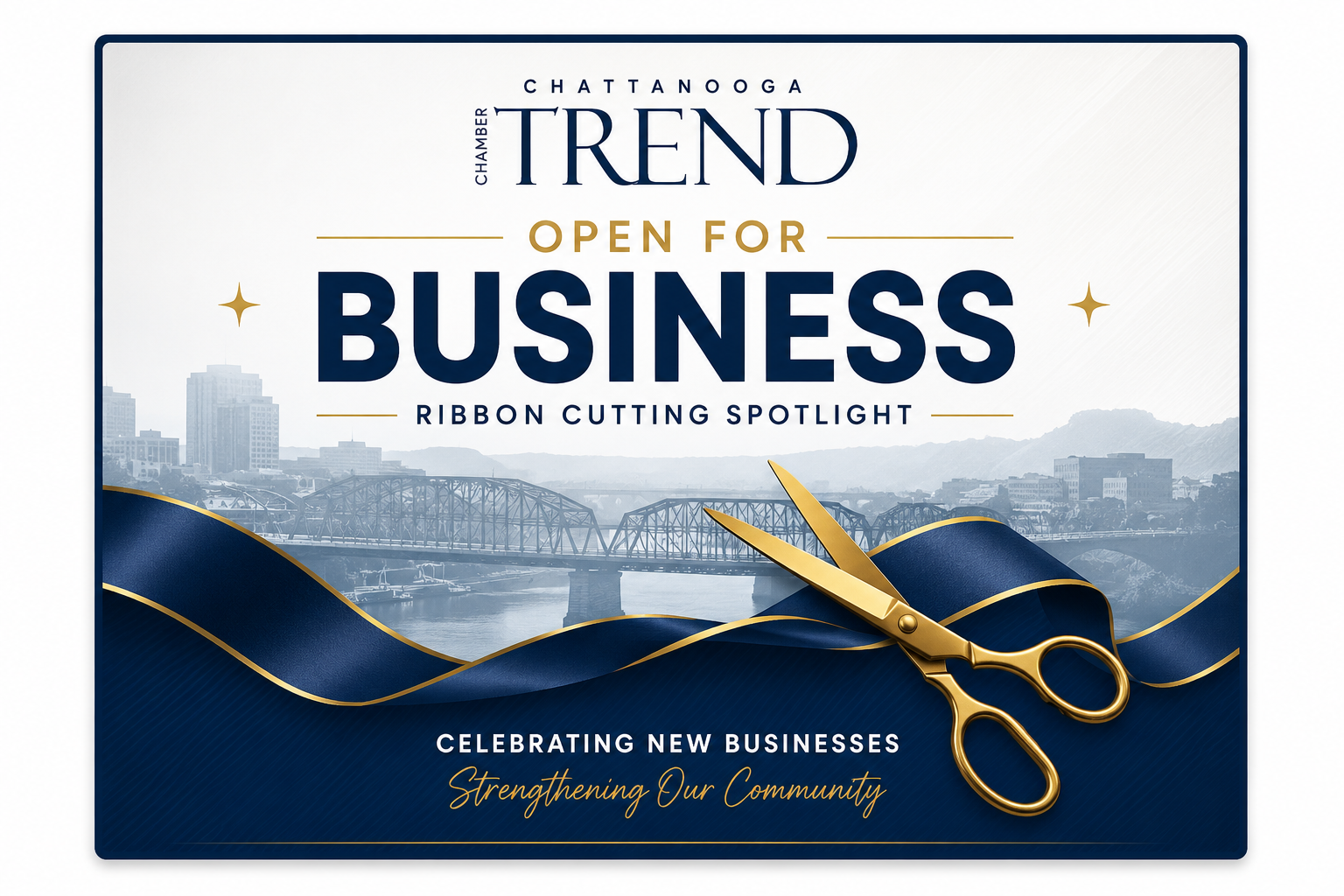 Open for Business ribbon cutting spotlight graphic from Chattanooga Trend celebrating new businesses in Chattanooga